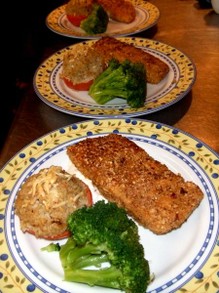 Crunchy halibut with stuffed tomato and broccoli