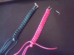finished products! notice the open eyebolt on the pink bracelet