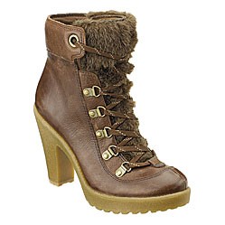 Jargon--Nine West Vintage America Collection. Leather boot with faux fur detail, lace up front on lug sole and high heel. 4" heel.