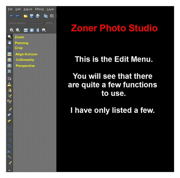 The enlarged Zoner Photo Studio Edit Menu