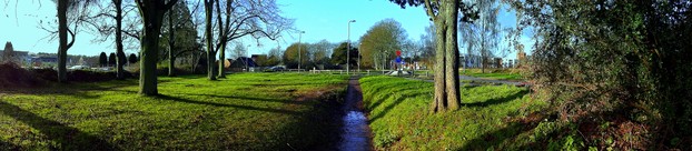 Sweep Panorama of the path to the Hospital in Limes Park, Basingstoke, Hampshire, England.