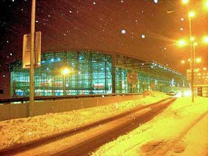 Prague Airport at night and in winter.