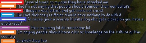 Snippet from a racism debate in Runescape. Players came to the defence of a player, who had been racially bullied.