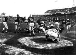A closeup of the Orange Bowl circa 1950