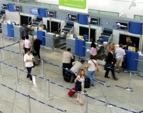 A crowd control queing system used at an airport