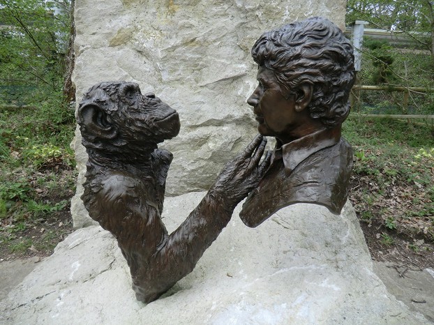 Image: Sculpture of Charlie and Jim Cronin at Monkey World Ape Rescue Centre