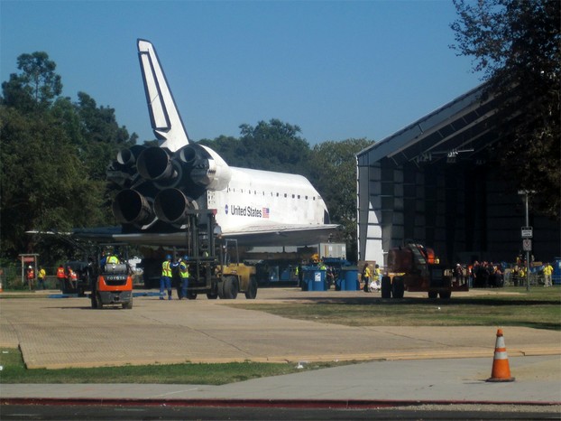 2:23 PM. The Space Shuttle Endeavour finally comes to rest outside its new home, the Samuel Oschin Pavilion.