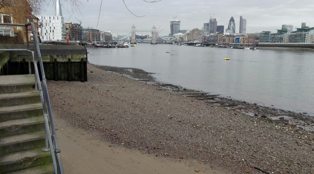Looking down onto the Thames foreshore