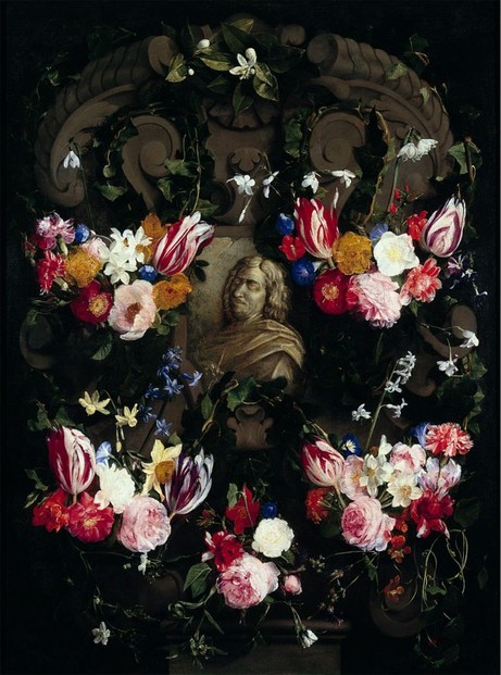 Cartouche with the bust of Nicolas Poussin in a flower garland by Daniel Seghers