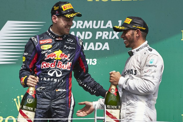 Sebastian Vettel and Lewis Hamilton celebrate in Canada