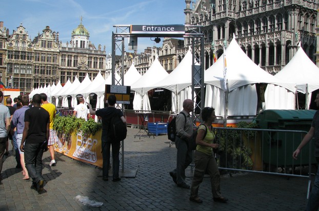 Nearly opening time: the beer stalls in Grand Place