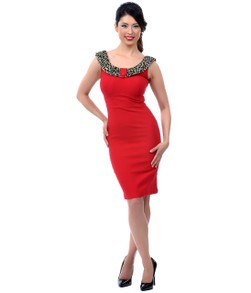 Red Wiggle Dress with Leopard Print Trim