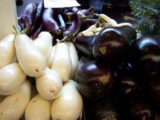 three colors of eggplant: white (left), red purple (top), purple black (right)
