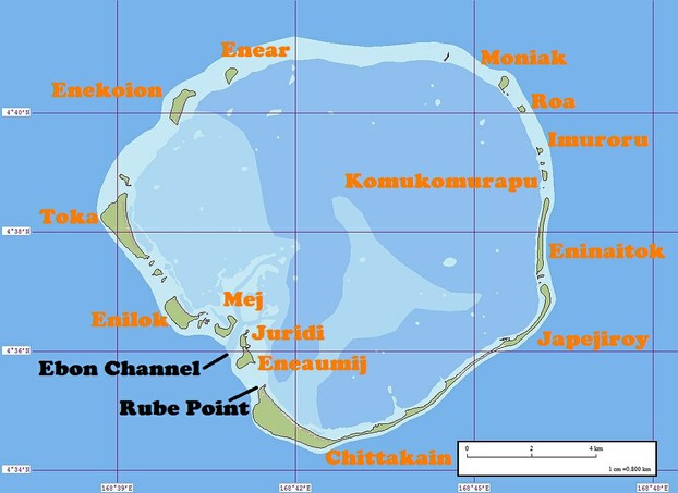 Sidney Gulick's birthplace:  map of Ebon Atoll with place names of 14 of Ebon's 22 islands