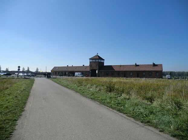 Image: Auschwitz II front gate and the car park where 'Schindler's List' was filmed