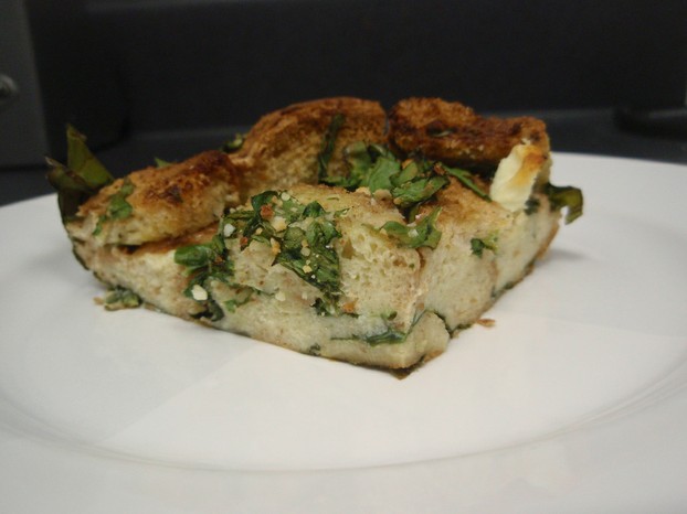 a taste-filled attractive trio: cheese and spinach in a bread pudding