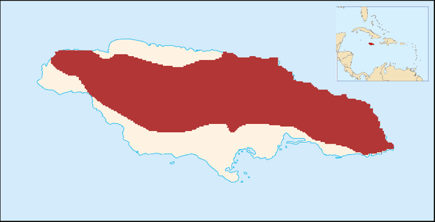 Jamaica and insert of location of Jamaica within Caribbean Sea