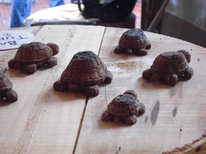 Turtles, whittled from bark, racing to the finish line.