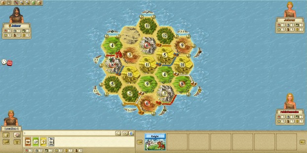 Image: Four players begin a game of Settlers of Catan