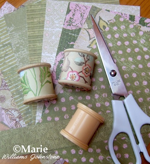 Old Sewing Spools Covered in Pretty Papers