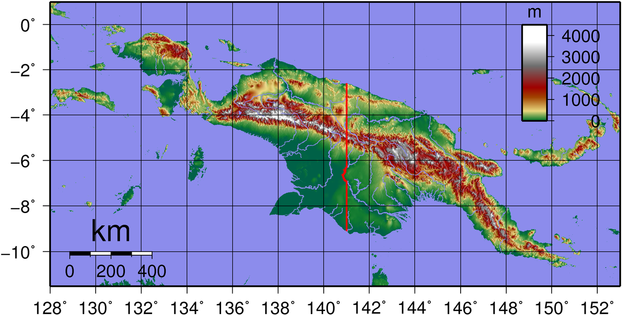 Topographic map of New Guinea. Created with GMT from publicly released GLOBE data.