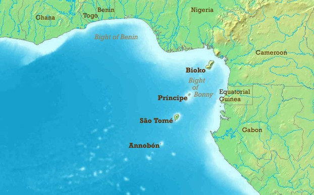 Map of Gulf of Guinea, showing chain of islands -- including Bioko -- formed by Cameroon line of volcanoes