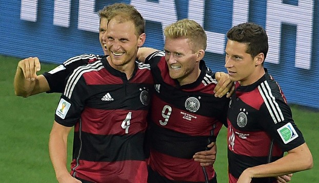 German players celebrate in their semi-final against Brazil