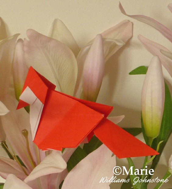 Cardinal Bird folded from a sheet of red paper as origami