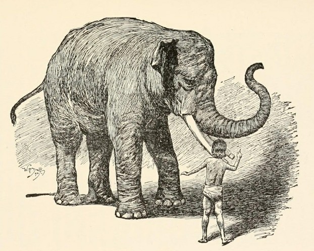 Rudyard Kipling, The Two Jungle Books (1895), opp. p. 506: ". . . he made Kala Nag lift up his feet one after the other."