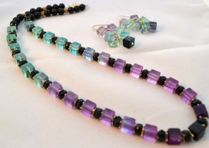 Geometric-style necklace and earrings with square-cut fluorite beads