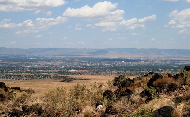 view of Albuquerque and the Manzano Mountains from the West Mesa
