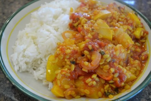 Courgettes with split lentils & tomatoes, served with Basmati rice.