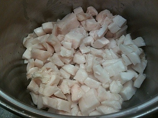 Trimmed fat in the pot. Ready to start cooking.