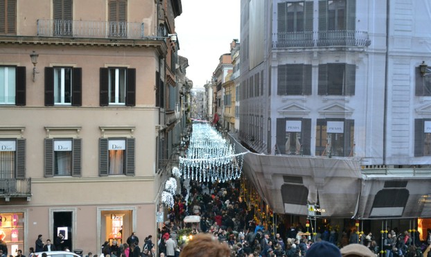 Crowds of shoppers out in front of the Spanish Steps during the Christmas season.