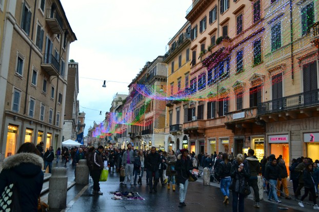 Colorful lights decorate many of the major pedestrian streets of Rome at Christmas.