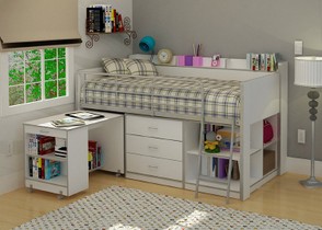Wood Junior Low Loft Bed with Desk Dresser & Shelves Underneath