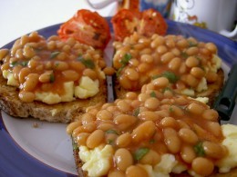 Beans over eggs over toast. Tasty, but those canned beans might not be too good for you.