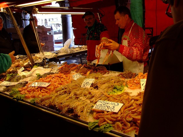 Fresh seafood for sale in the Rialto Fish Market