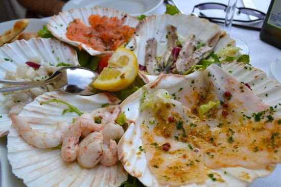 A raw seafood antipasti plate in Venice