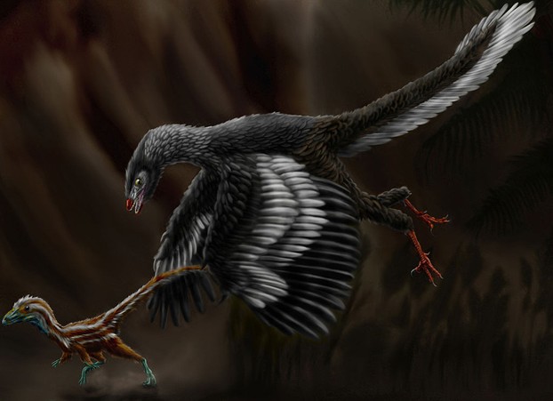 Archaeopteryx lithographica chasing a juvenile compsognathid (Compsognathus longipes) through a dark forest