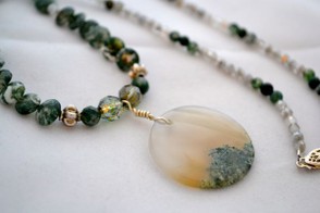 Moss agate necklace with silver and polished Czech glass