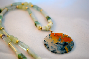 Fiery moss agate set off with new jade
