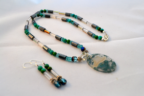 Moss agate with turquoise and hematite