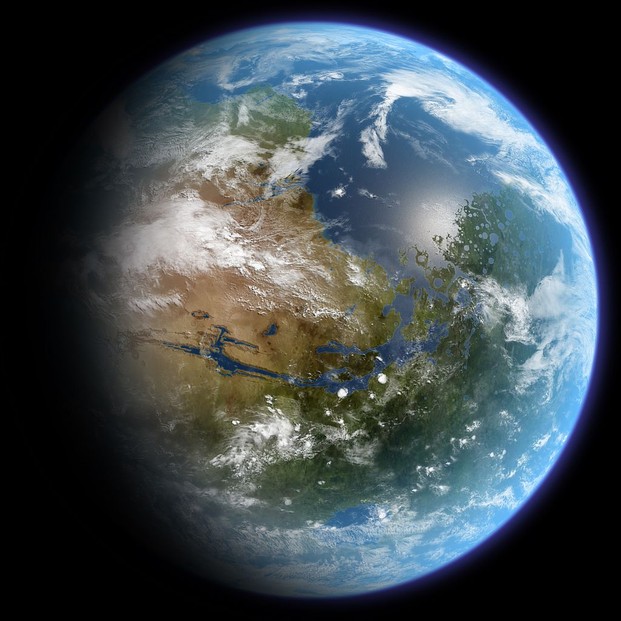 artist's conception of a terraformed Mars, approximately centered on prime meridian, 30 degrees north latitude