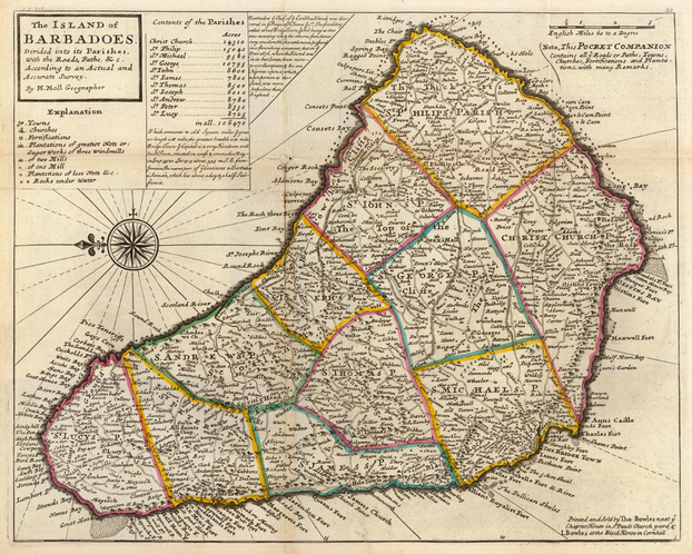 Herman Moll: The Island of Barbadoes. Divided into its Parishes (1736)