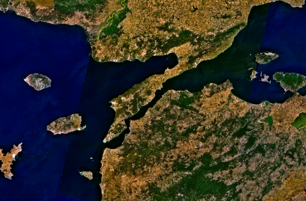 Turkey's largest island (center left), Imbros (official name: Gökçeada İmroz, "Heavenly Island") lies west of Gallipoli Peninsula (center).