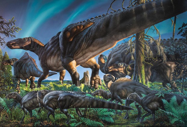 Paints depicts scene from ancient Alaska during the Cretaceous Period.