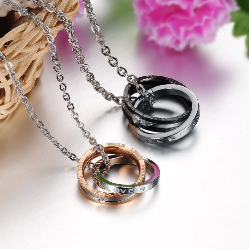 Couples Matching Interlocking Double Rings Engraved Promise Necklace Sets Romantic Gift