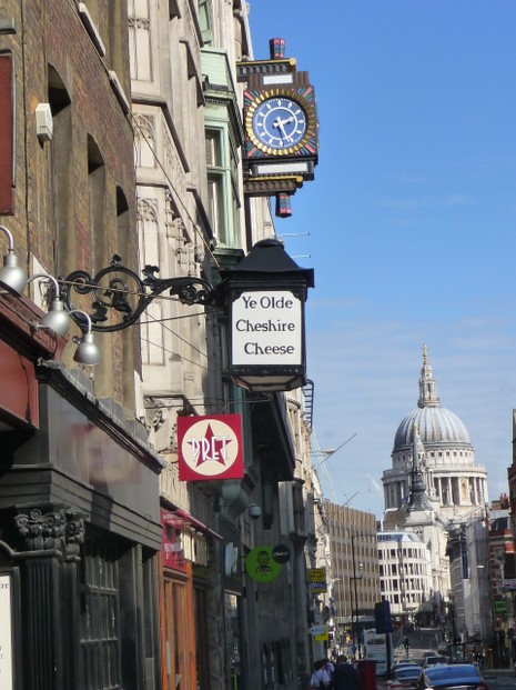 Ye Olde Cheshire Cheese sign with St. Paul's, London