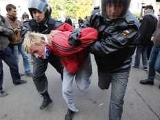 Man being arrested for campaigning for Gay Rights in Russia